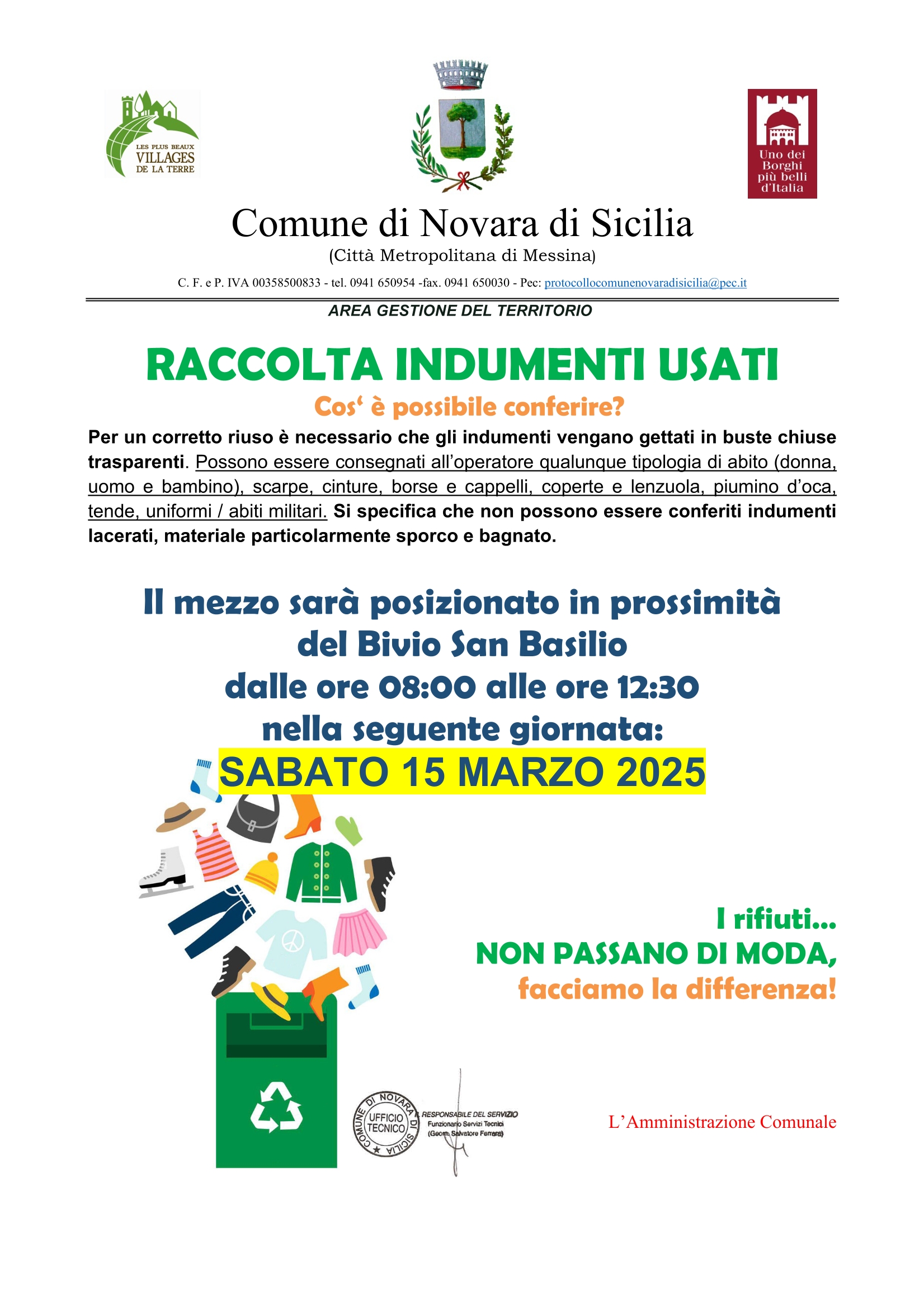 sabato 15 marzo 2024 c/o Bivio San Basilio dalle 8:30 alle 12:30 si effettuerà la raccolta dei vestiti, borse, scarpe usate